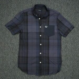 Fred Perry Shirt Mens Extra Small Blue Plaid Short Sleeve Button Lightweight